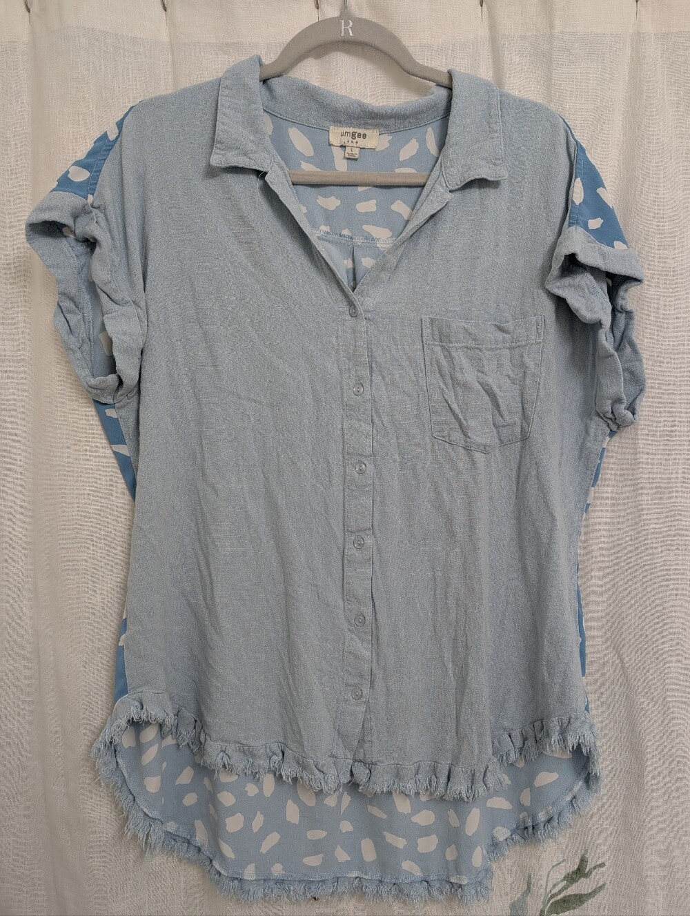 Umgee Blue Mixed Print Frayed Hem Button Front Tunic Top Size Large